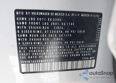 2024 Volkswagen Tiguan 2.0T Sel R-Line z USA, uszkodzony, nr VIN 3VV4B7AX0RM083456